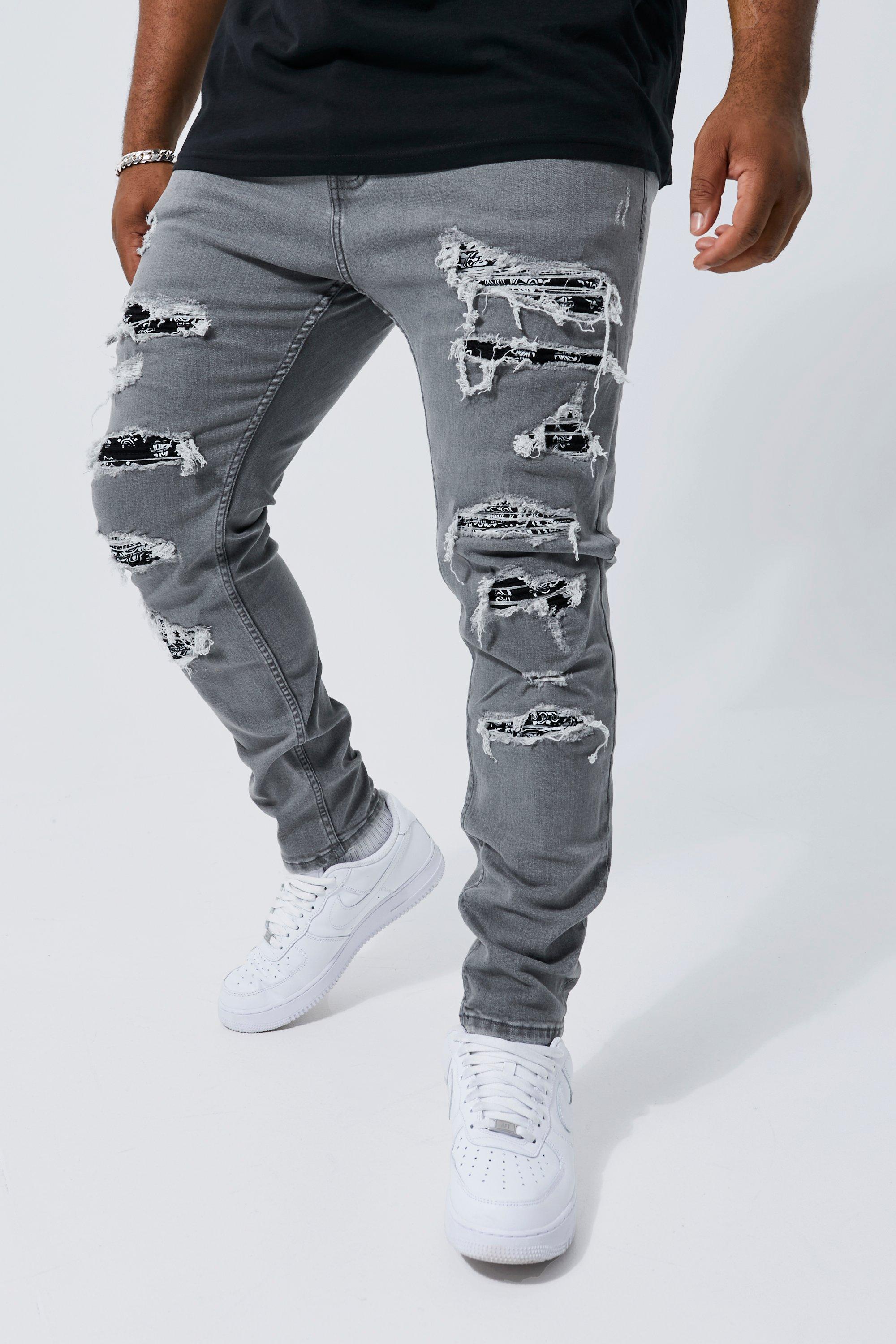 Men's Plus Skinny Stretch Rip & Repair Bandana Jean | Boohoo UK